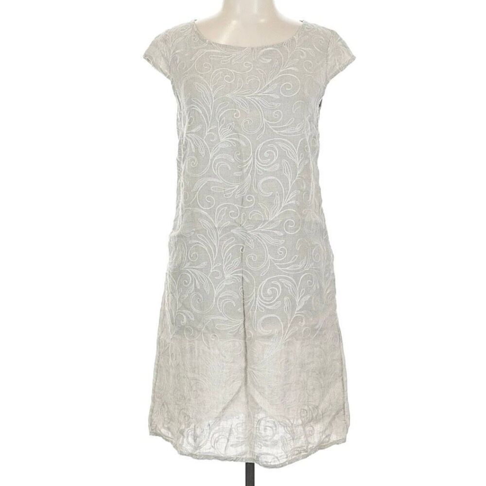 Lina Tomei, Embroidered Casual Linen Dress in Taupe Swirl Back Panels Women’s XL